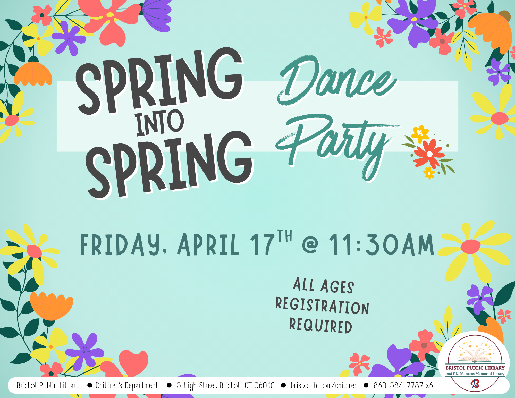 Flyer with teal background and bright flowers at corners with black and blue text at center.