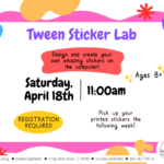 White flyer with border of bright colorful shapes and black text at center.