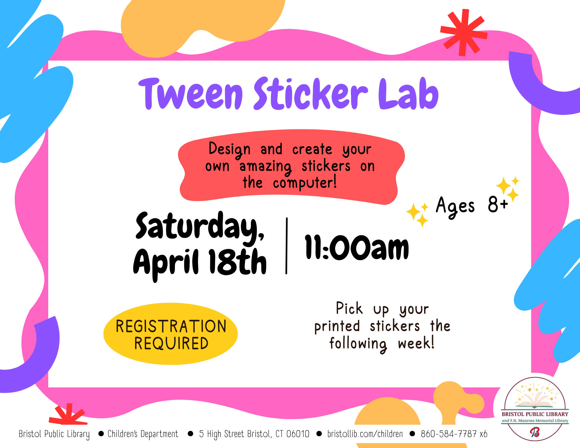 White flyer with border of bright colorful shapes and black text at center.