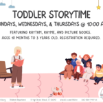 Black text over person standing reading to children sitting on pink carpet.