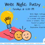 Lightbulb writing on red paper with two smiley faces on blue background with black text.