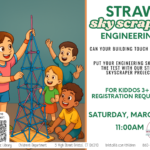 Children work to build tower from colored sticks at left of green text on white background.