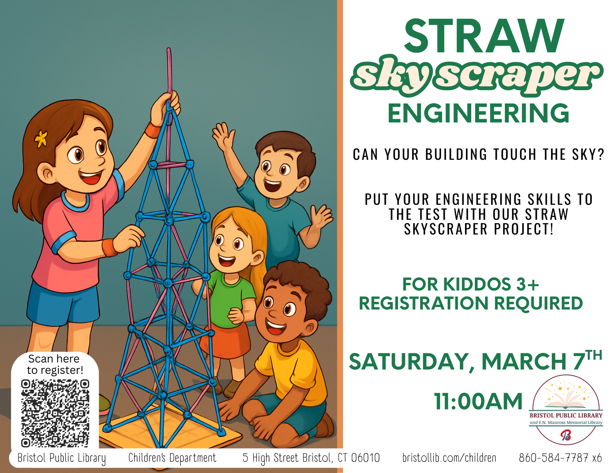 Children work to build tower from colored sticks at left of green text on white background.