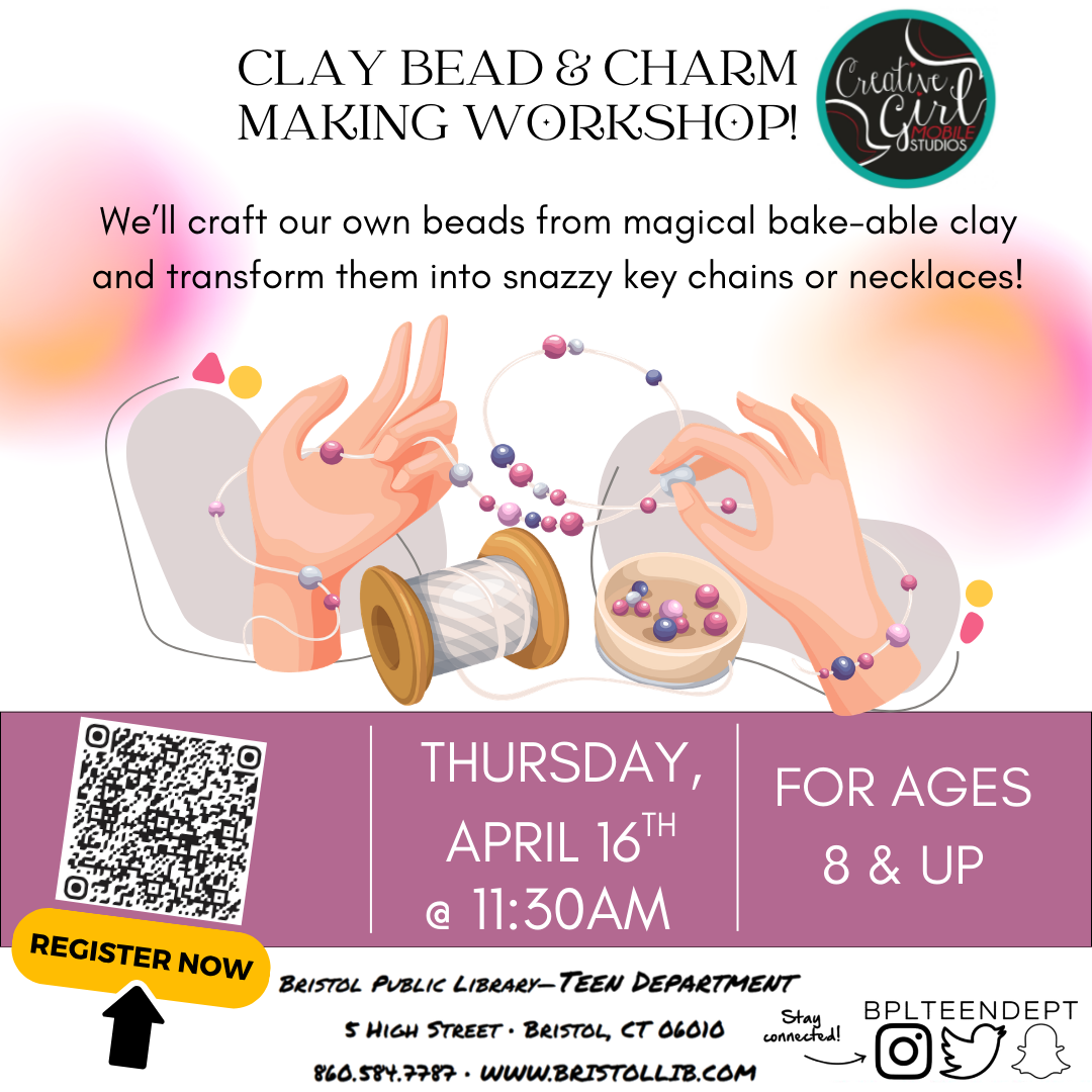 Flyer with mauve rectangle at bottom with black and white text above and hands stringing beads at center.