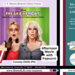 A flyer showing the two main actors in the movie Freakier Friday, popcorn, and program information.