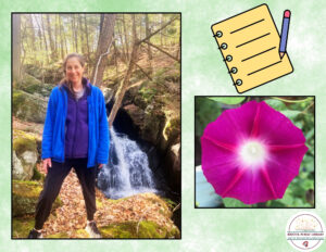 A photo of the presenter by a waterfall, a pink flower, and a journal.