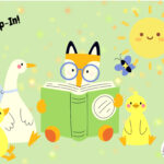 A group of animals reading a book with a butterfly and a happy sun.