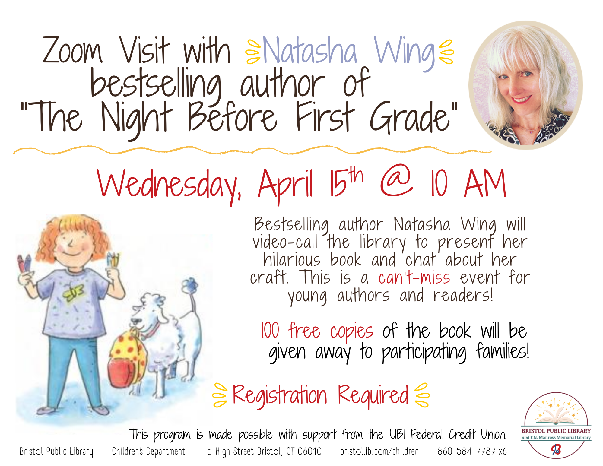 White flyer with black text and photograph of smiling gray-haired woman at top right and illustration of child at bottom left.