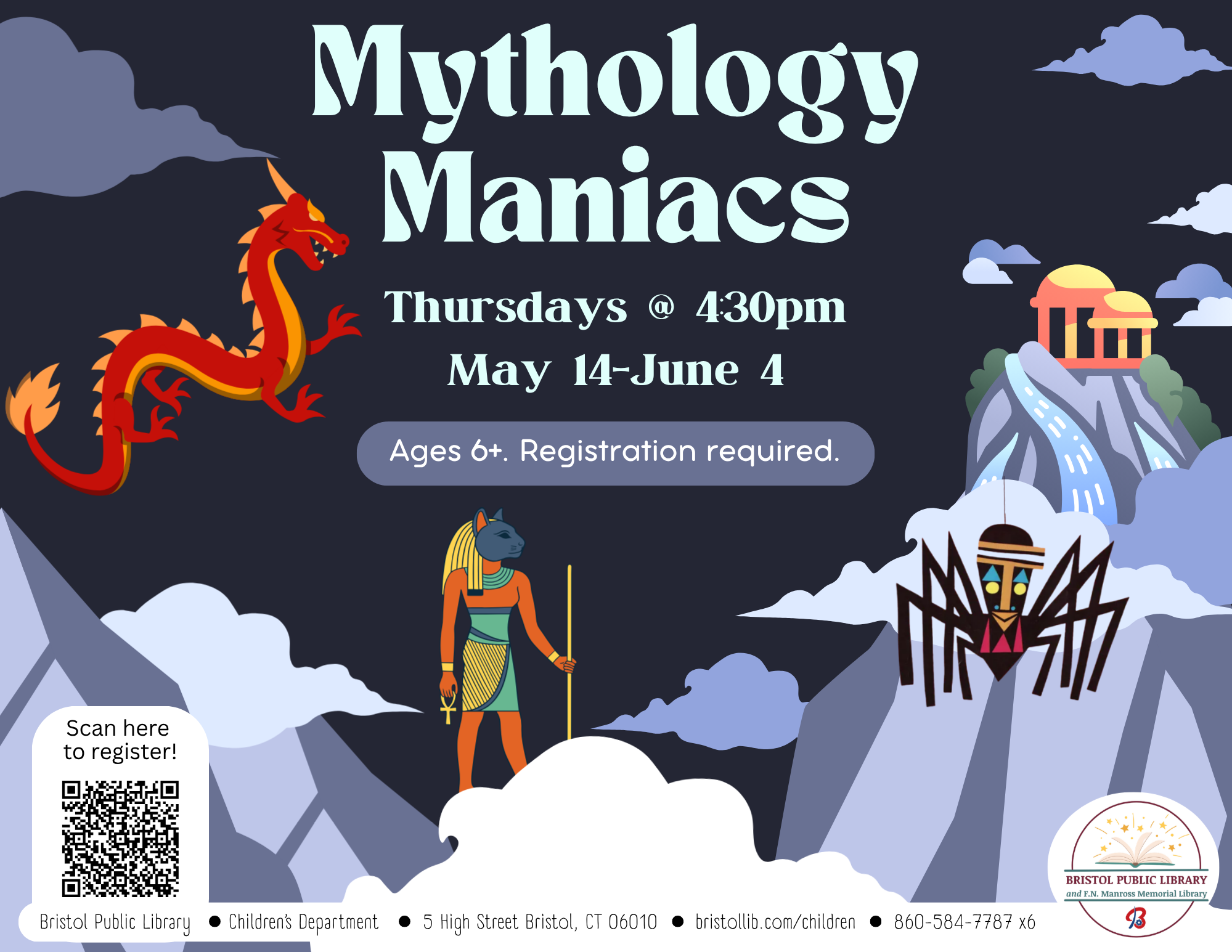 Red dragon, Egyptian god, and spider on rocky mountain background.