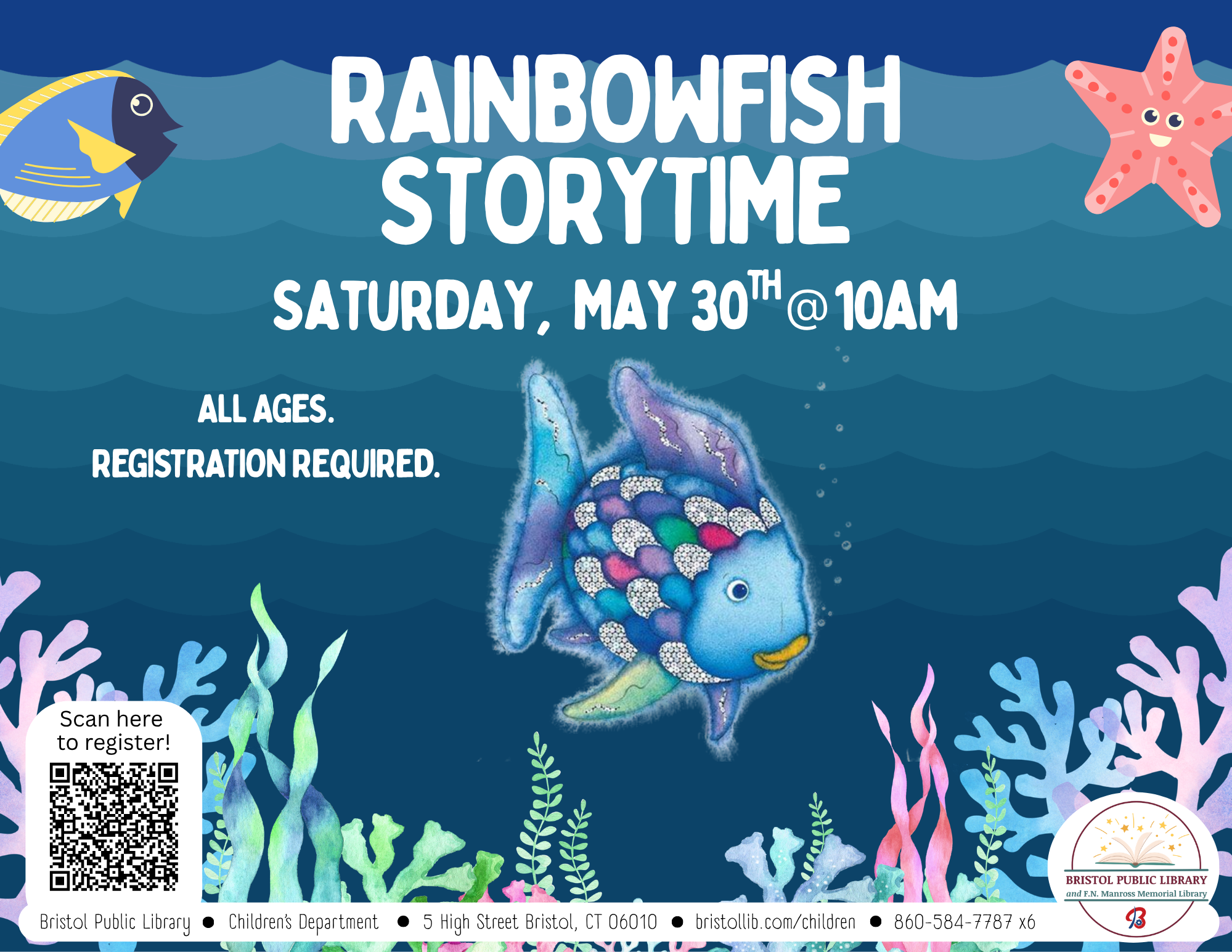 Rainbowfish character at center of page with ocean creatures and white text.