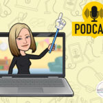A caricature of the presenter with a laptop, a finger pointer, and a Podcast logo.