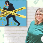 A photo of the speaker, along with a cartoon of a bank robber.