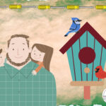 A dad with two children, along with a birdhouse, two birds, and screwdrivers.