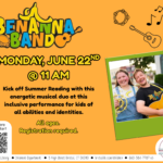 Orange flyer with photo of two people smiling with tambourine and guitar with text at left.