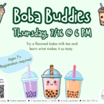 Light green flyer with white and green text at top, three boba cups at bottom.