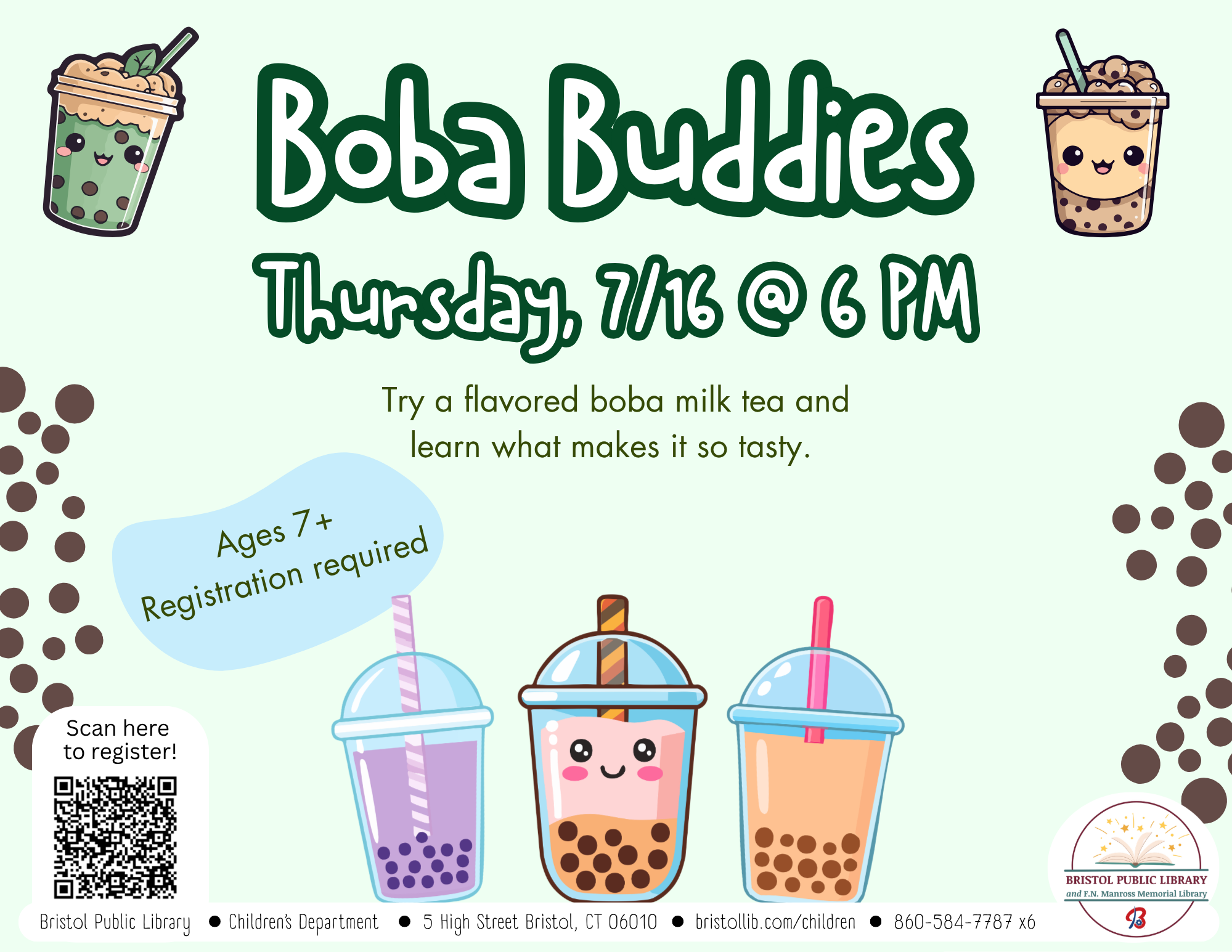 Light green flyer with white and green text at top, three boba cups at bottom.