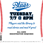 White background with red baseball stitching at sides and black and blue text at center.