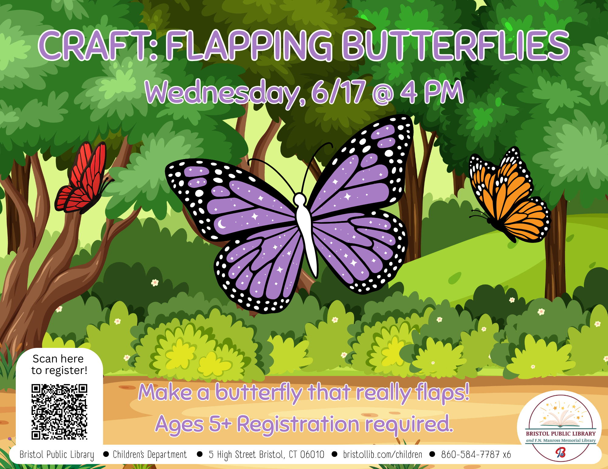 Forest background with large butterflies at center with purple text.