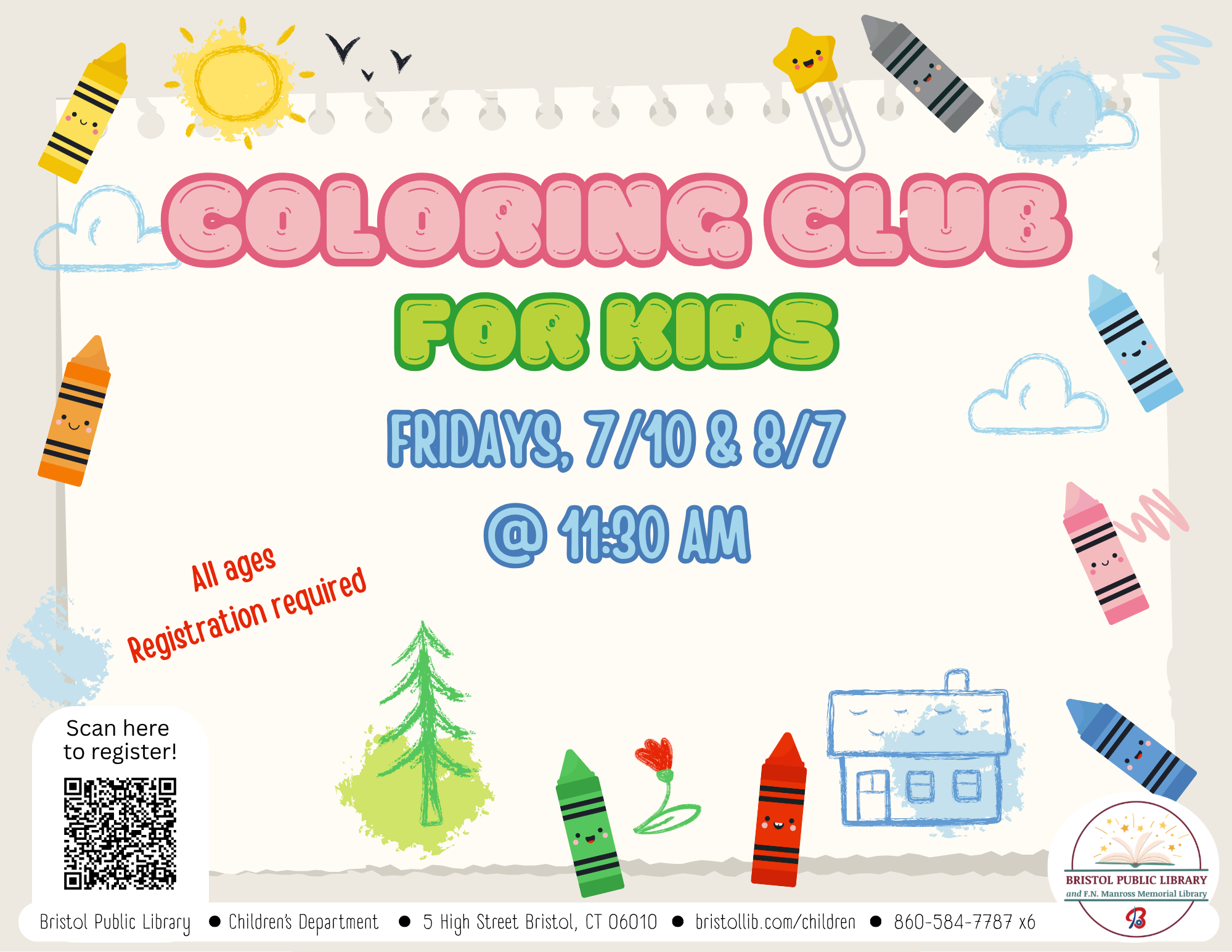 Crayons surround tan paper with pink, green, and blue text.
