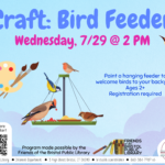 Flyer with blue background and bright blue and pink text with bird feeder image at center.