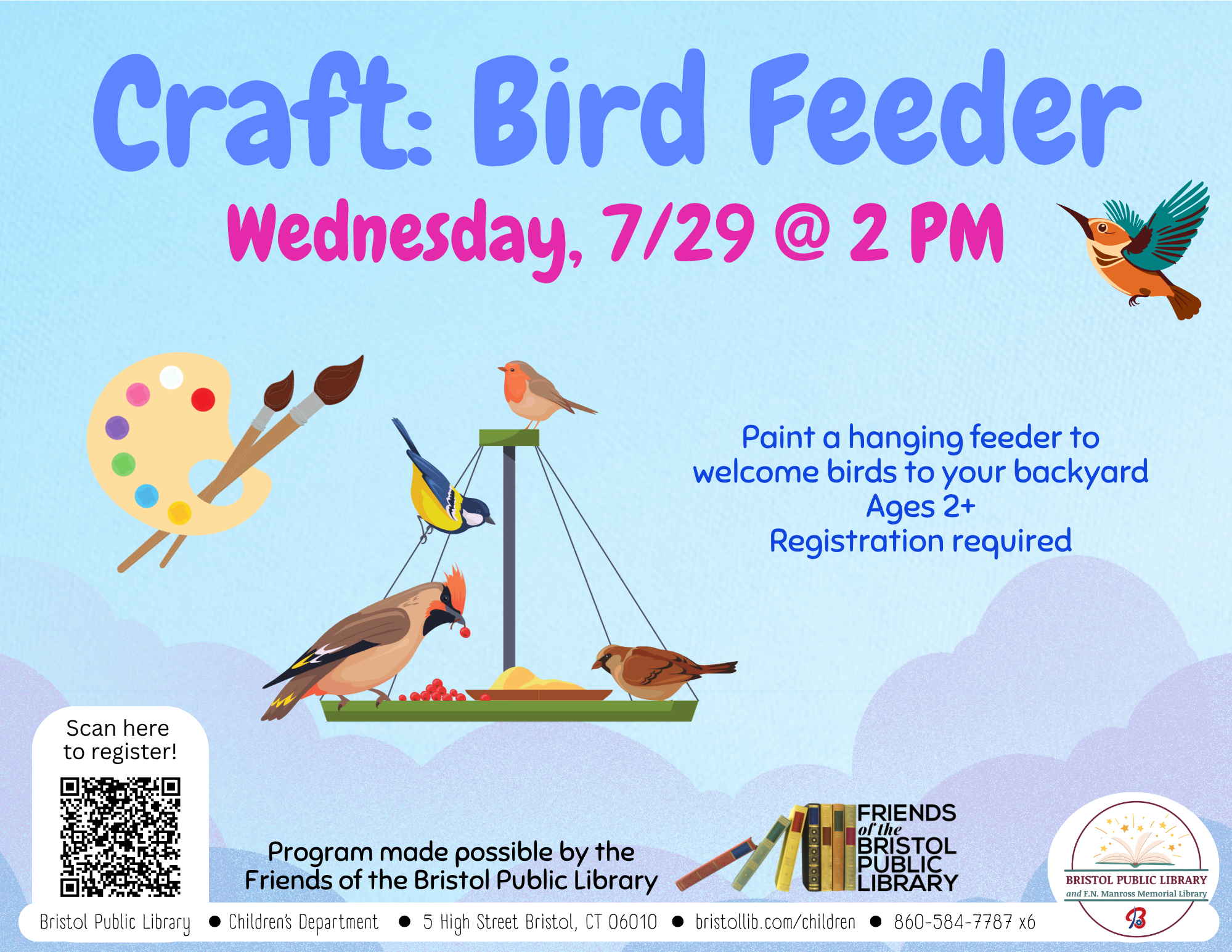 Flyer with blue background and bright blue and pink text with bird feeder image at center.