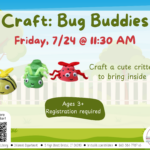 Flyer with backyard background with white picket fence and image of three bug crafts at center.