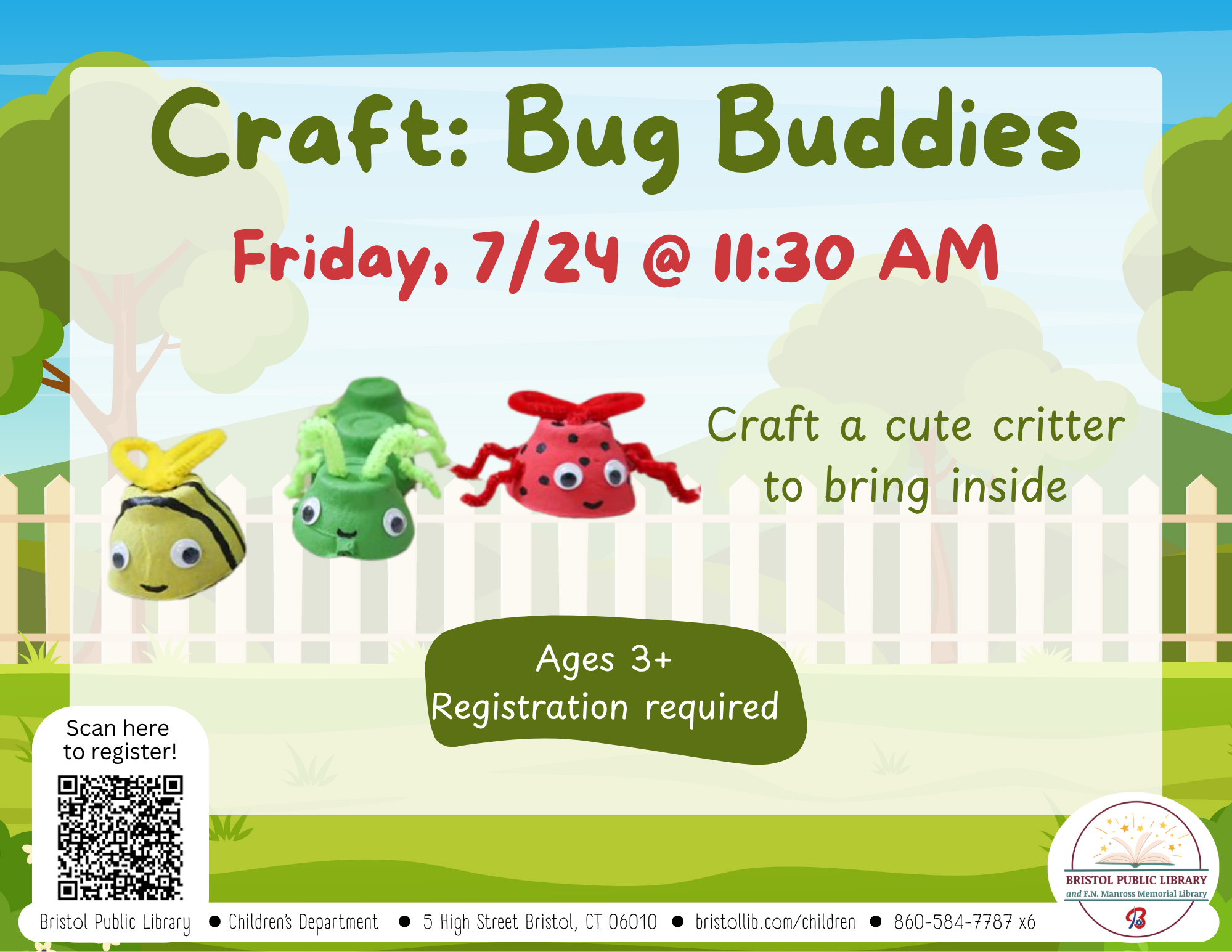 Flyer with backyard background with white picket fence and image of three bug crafts at center.