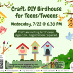 Green flyer with dark green text and birdhouses across bottom and sides.