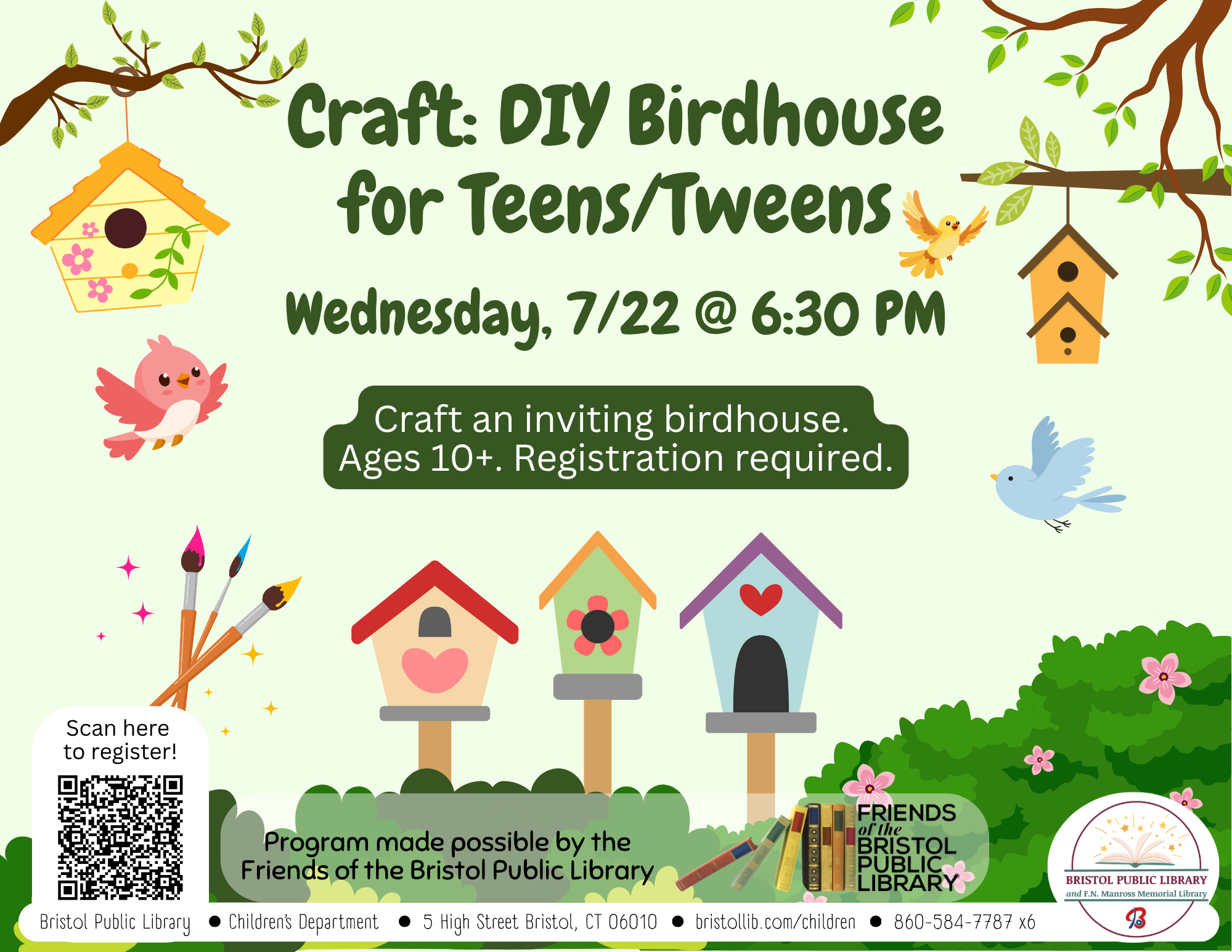 Green flyer with dark green text and birdhouses across bottom and sides.