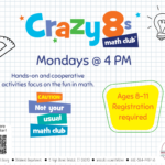 Flyer with blue graphing paper background and colorful graphics and text.