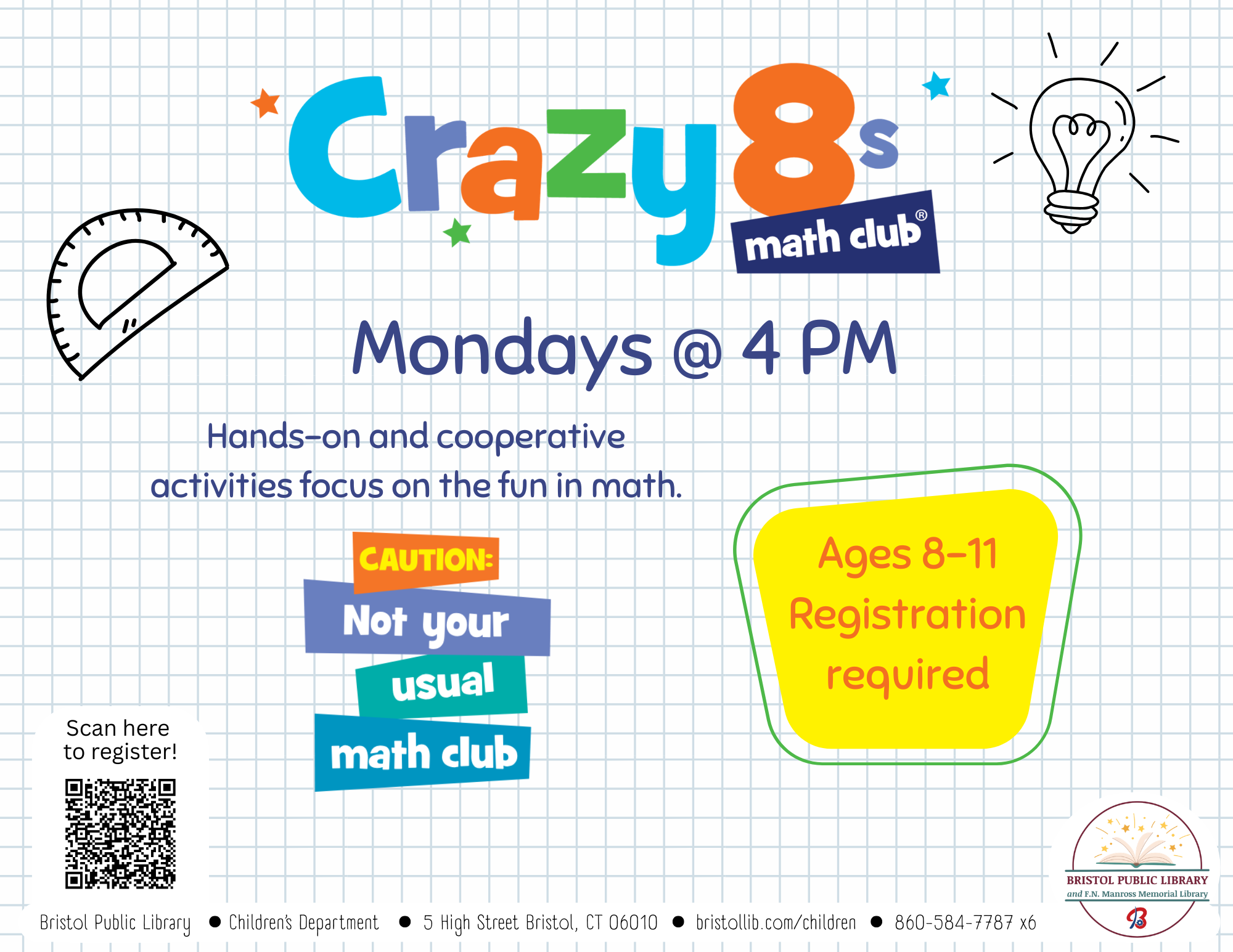 Flyer with blue graphing paper background and colorful graphics and text.