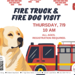 Tan dog at left of fire truck on white background with bricks.