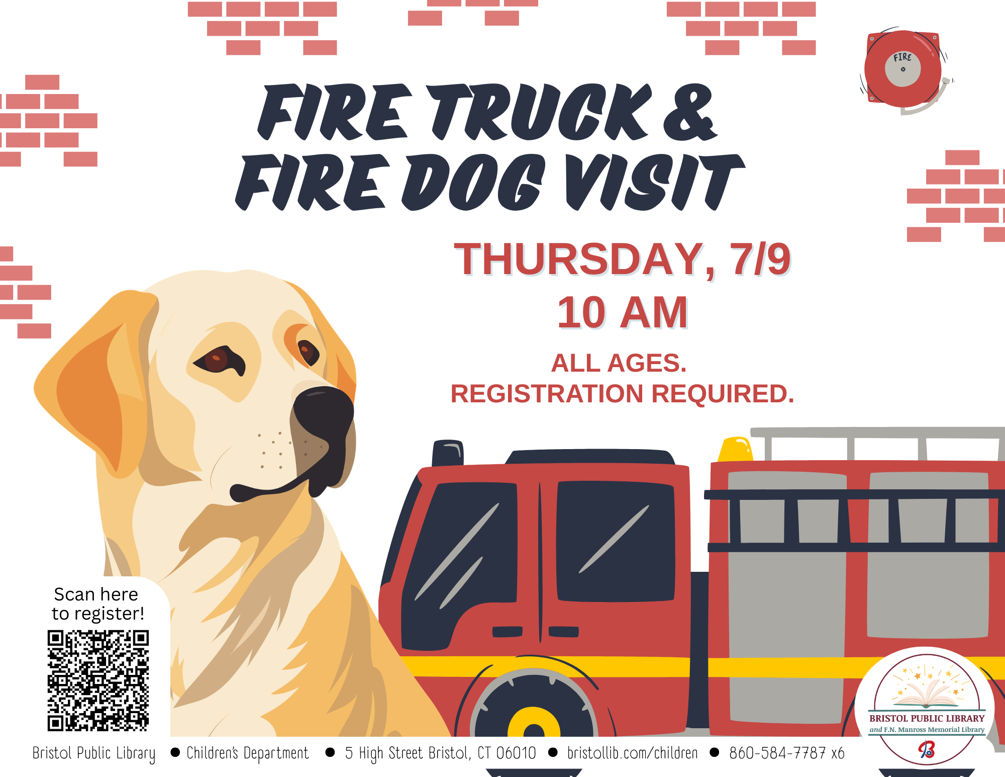 Tan dog at left of fire truck on white background with bricks.