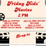 Film reels and clappers at sides of red text.
