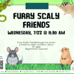 Flyer with green forest background with snake and sugar glider at top and chinchilla and prairie dog at bottom.