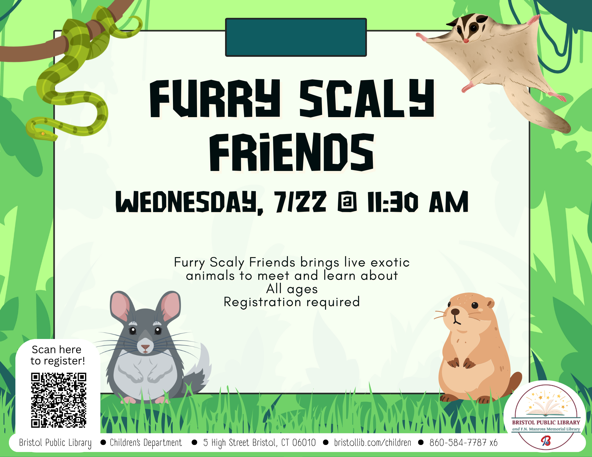 Flyer with green forest background with snake and sugar glider at top and chinchilla and prairie dog at bottom.