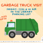 Flyer with sandy background and green garbage truck at center.