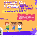 Three young children dance at bottom of bright orange and purple flyer with pink text.