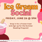 Flyer with pink background and pink and brown blobs at borders with images of pink ice cream.