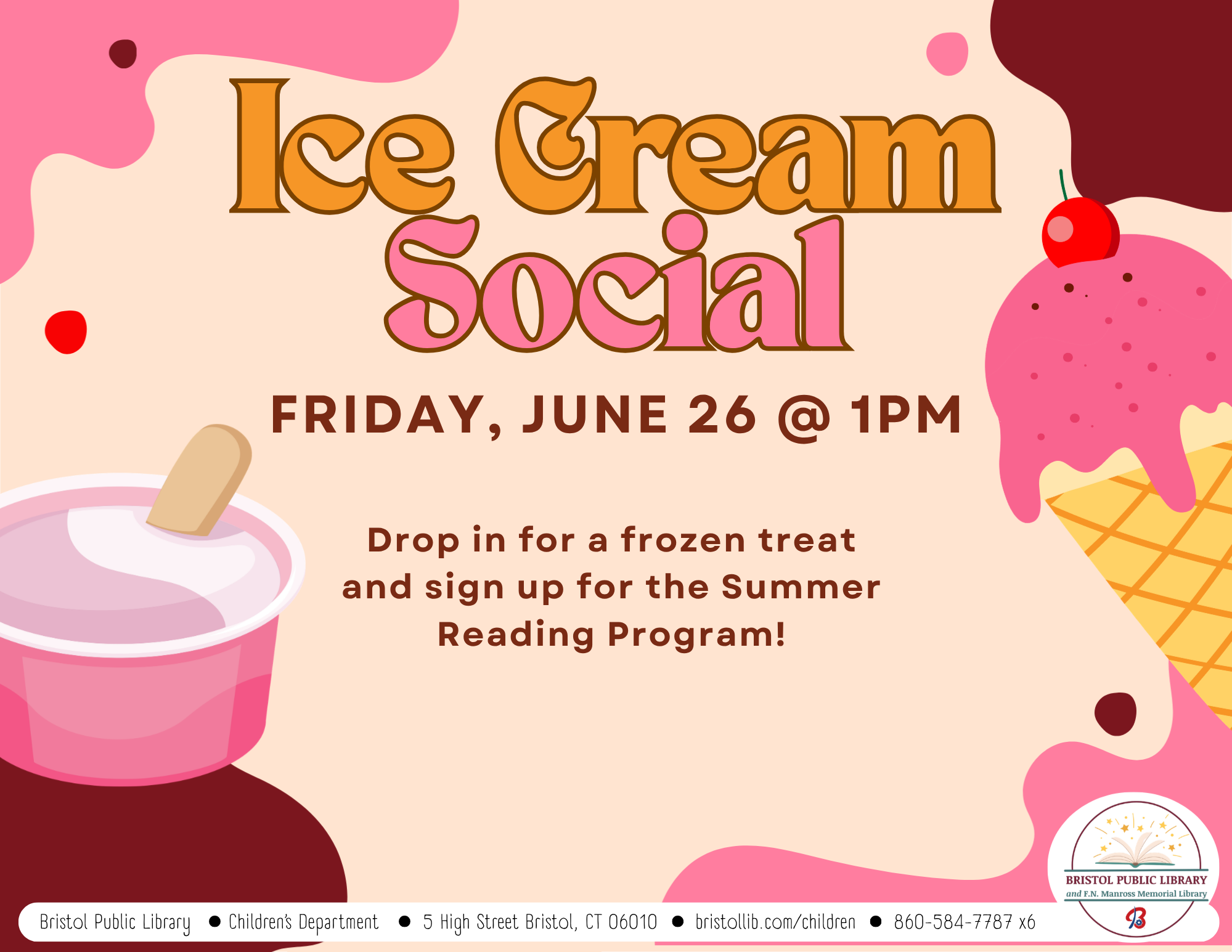 Flyer with pink background and pink and brown blobs at borders with images of pink ice cream.