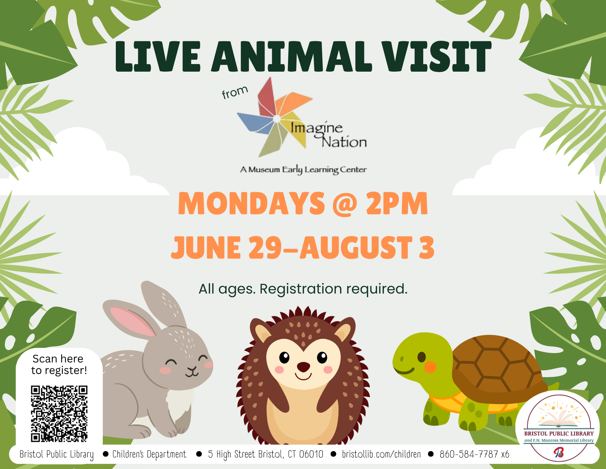 Green leaves at sides of orange and black text with a rabbit, hedgehog, and turtle at bottom.