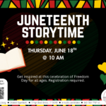 Black flyer with white text, open book, and green, red, and yellow borders.