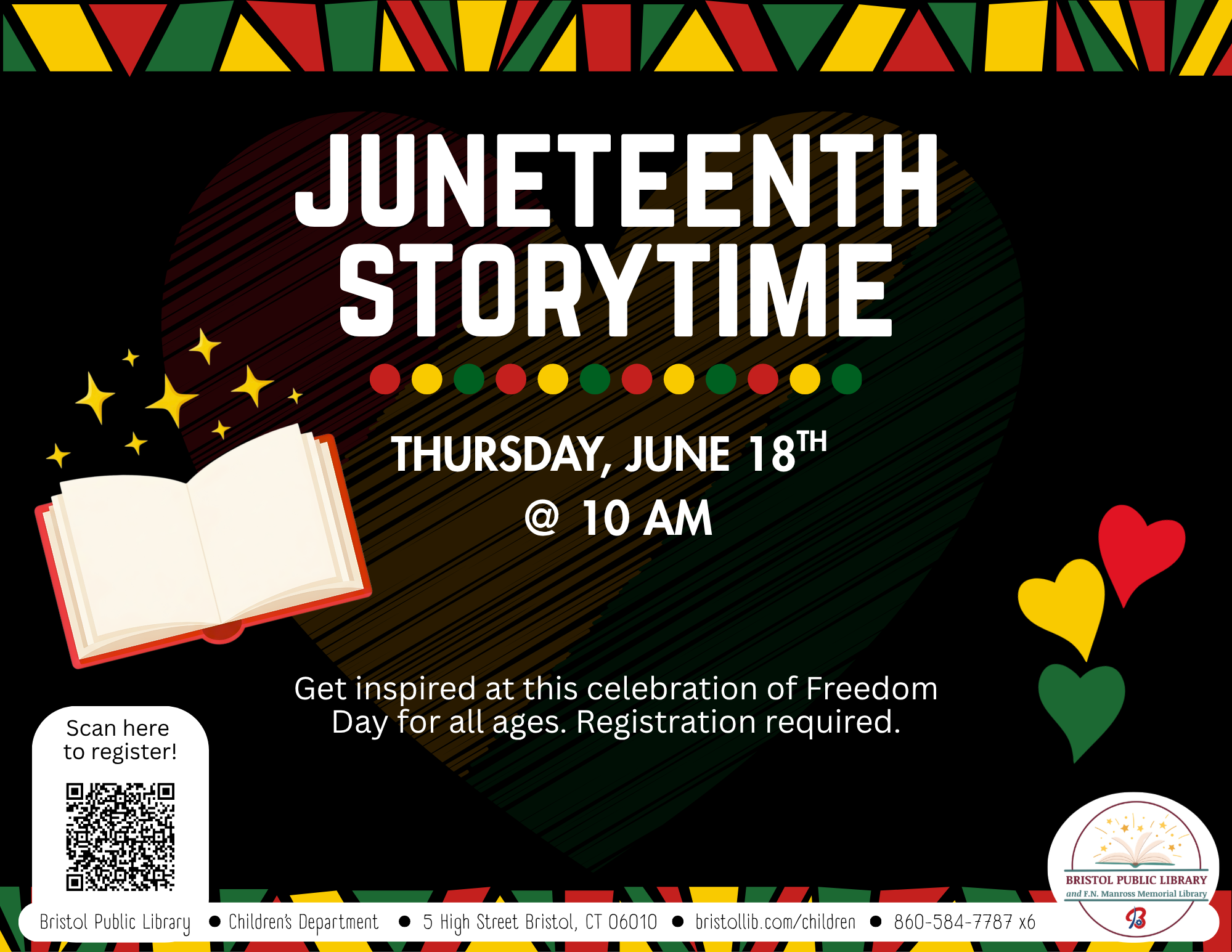 Black flyer with white text, open book, and green, red, and yellow borders.