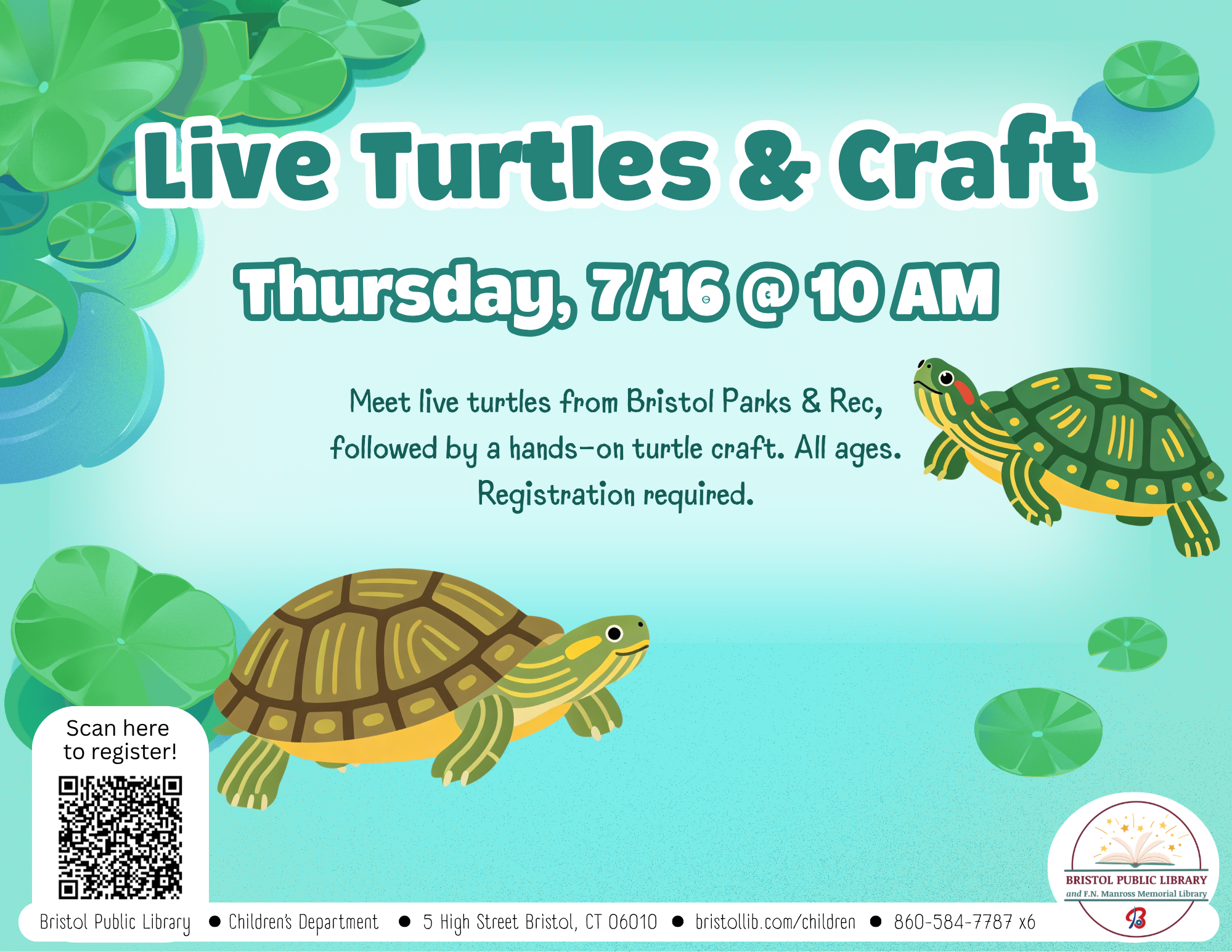 Flyer with pond and lilypad background and two turtles swimming.