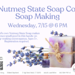 Flyer with purple text and image of lavender and bar of soap at bottom right.