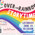 Large rainbow across flyer with pink background and dark text at center.