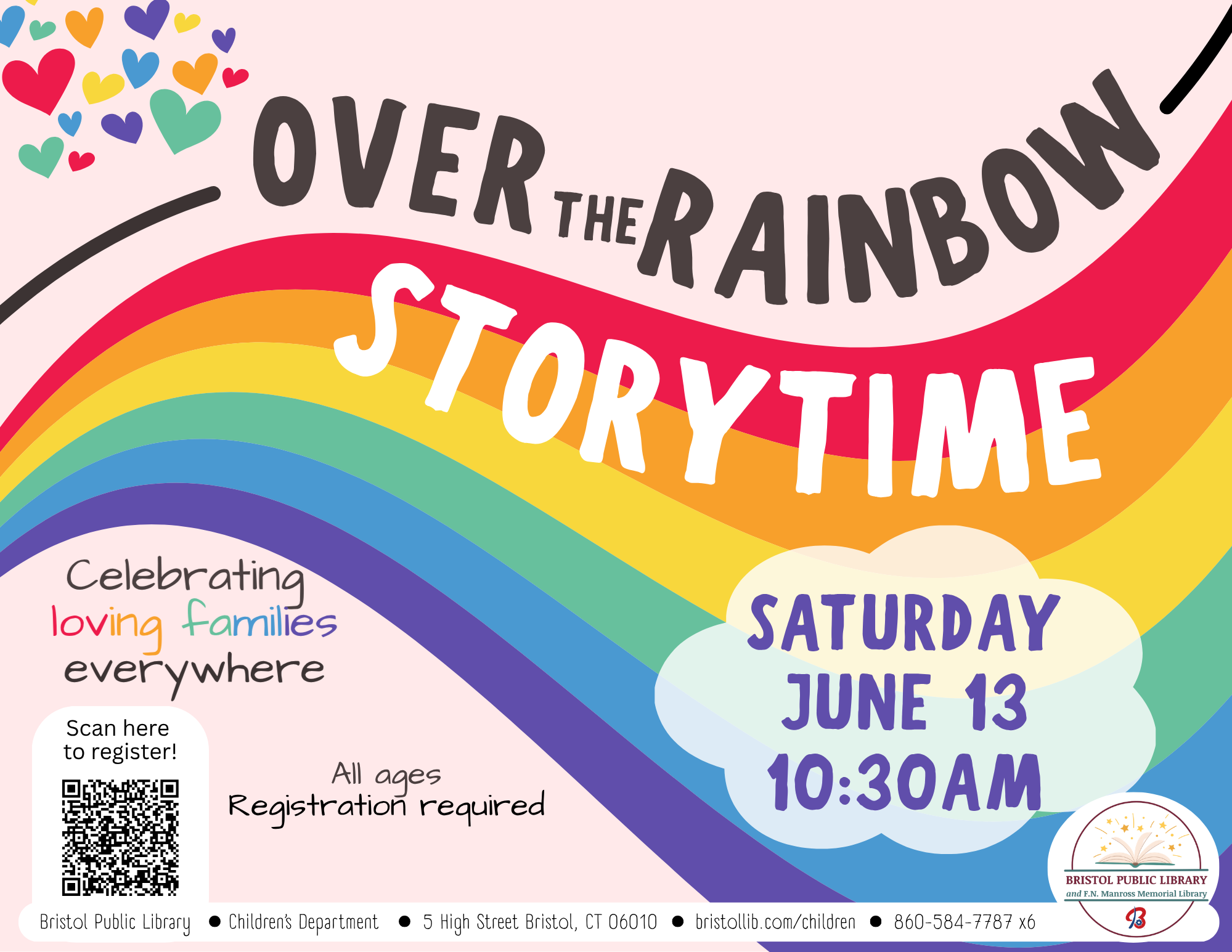 Large rainbow across flyer with pink background and dark text at center.