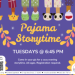 Purple flyer with orange and white text under a row of people wearing funny slippers.