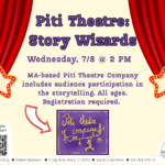 Red theater curtains over purple text and gold stars.