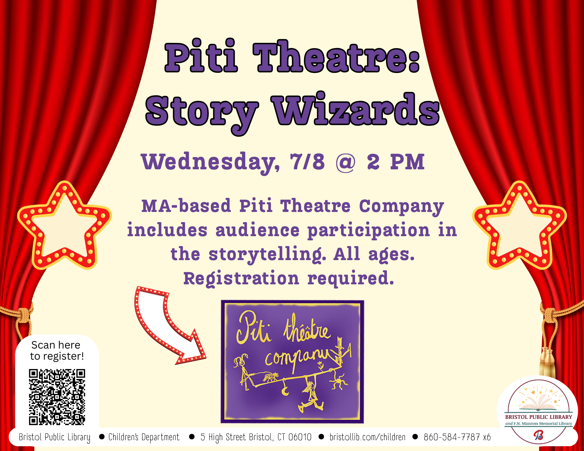 Red theater curtains over purple text and gold stars.
